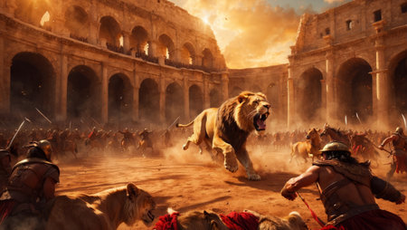 Roman legionary (Lion taurus) fights in the arena of Colosseum in Rome, Italyの素材