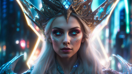 3d rendering of a fantasy fairy queen in a crown with sparkling eyes.の素材