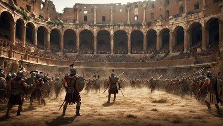 Ancient Roman Colosseum with soldiers, Rome, Italy.の素材