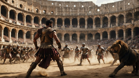 Roman legionary warriors fighting inside the Colosseum in ancient Rome.の素材