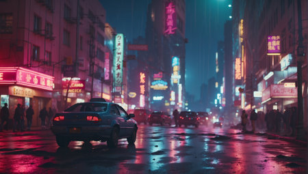 Cars driving through a neon-lit cyberpunk city at night. 3D Rendering.の素材