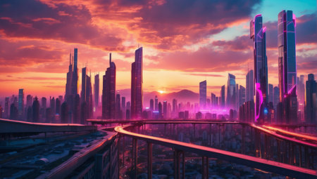 Cyberpunk skyline at sunset with skyscrapers and streets.の素材