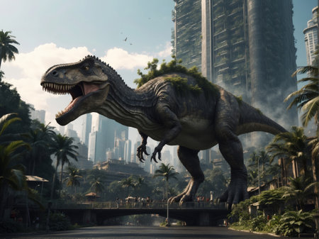Dinosaur in a modern tropical Cityの素材