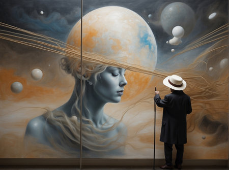 Man in hat looking at fantasy landscape with planet, moon and starsの素材