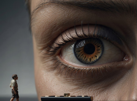 Close-up shot of a woman's eye with a miniature figureの素材