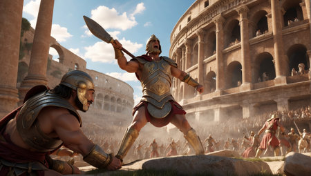 Roman legionary warrior in front of Colosseum in Rome, Italyの素材