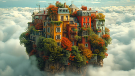 Beautiful autumn landscape with colorful houses in the clouds. 3d renderingの素材