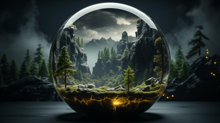 Fantasy landscape in glass sphere with forest and mountains. 3D renderingの素材