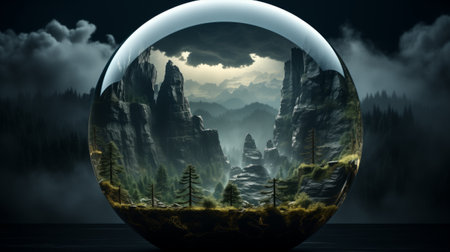 Fantasy landscape in a crystal ball. Conceptual 3D illustration.の素材