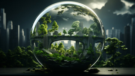 Glass sphere with green city and trees. Ecology concept. 3D Renderingの素材
