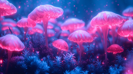 Pink glowing mushrooms in the forest. 3D illustration. Fantasy nature. bioluminescenceの素材