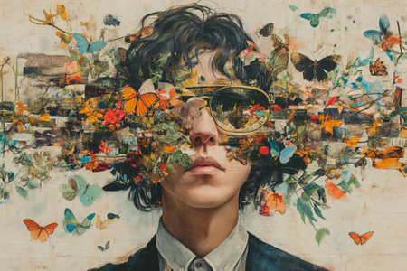 Portrait of a young man with butterflies and leaves on his face. Digital painting.の素材