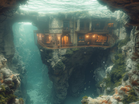 3D CG rendering of an underwater fantasy world with houses built into rocks.の素材