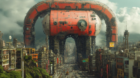 3D rendering of an industrial fantasy city with a giant rusty machine in the middle.の素材