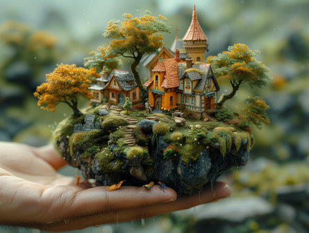 Miniature of a pretty town in the hands of a child. Conceptual 3d rendering.の素材