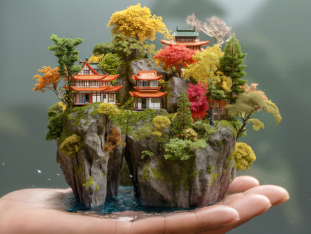 Miniature model of Japanese temple on the rock in hand, real estate concept. 3d renderingの素材