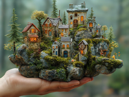 Miniature of a village in the hands of a person. The concept of real estate. 3d renderingの素材