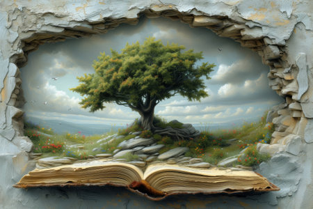 Open book with a tree on the background of mountains and clouds. Conceptual Digital painting.の素材