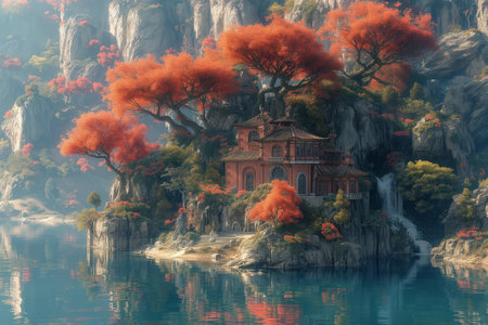 Fantasy landscape with a house and red trees on a tiny island of a lake.の素材