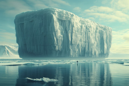 Massive iceberg in the ocean with a person looking at it, 3d rendering, global warming concept.の素材