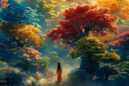 Mysterious woman in a colorful forest. Fantasy landscape. 3D renderingの素材