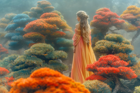 Girl in a long yellow dress in a misty forest of colorful bonsai trees.の素材
