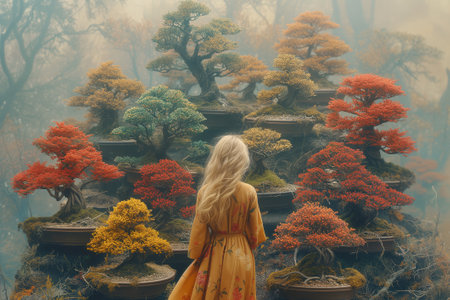 Girl in a yellow dress in a bonsai tree garden in the fog.の素材