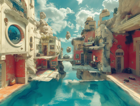 Abstract fantasy city with water and blue sky. Digital painting style.の素材