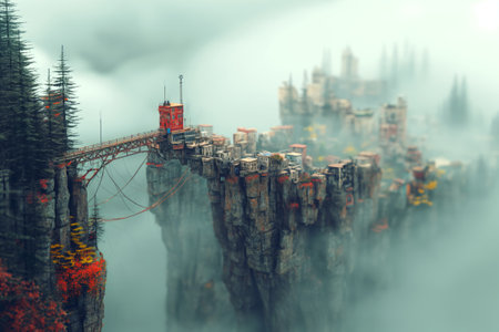 Fantasy landscape with a surreal industrial city and bridge in the clouds. 3d illustrationの素材