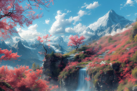 Beautiful mountain landscape with red trees, a waterfall and blue sky. Digital paintingの素材