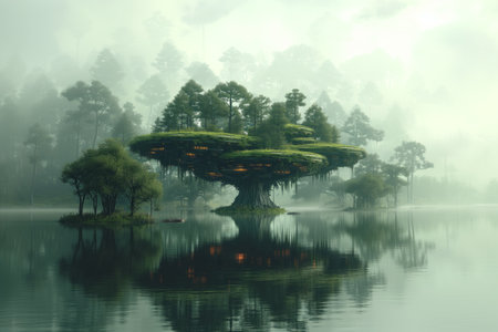 Surreal Island of Trees in the mist with reflection in the lake. 3D Rendering.の素材