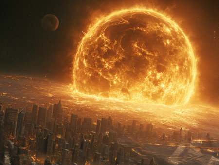 Fantasy scene with sun crashing into fantasy city. 3D illustration.の素材