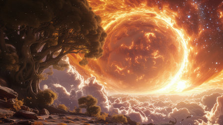 Fantasy landscape with a big tree in front of a fiery weather phenomenon in the sky. 3d illustrationの素材