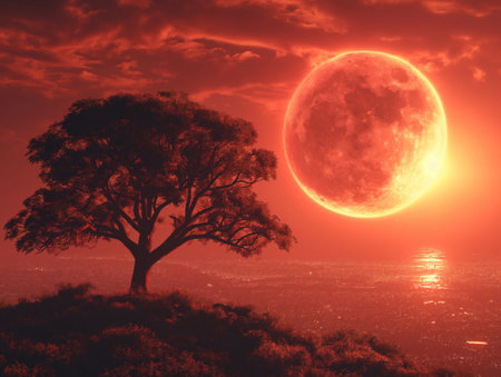 Red full moon over a tree in a meadow, 3d renderの素材