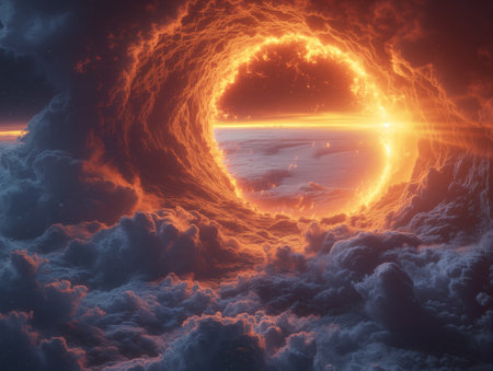 Fantasy landscape with surreal glowing cloud formation and sunrise. 3d render illustration.の素材