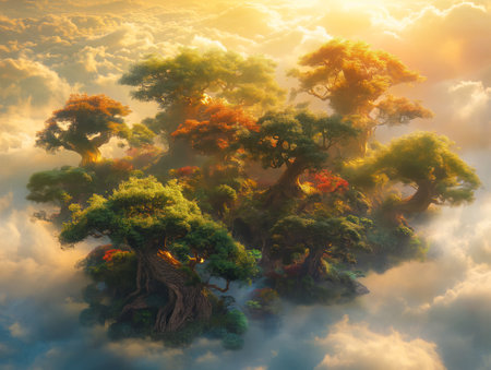 Fantasy landscape with multiple big old trees in the clouds. 3d renderの素材