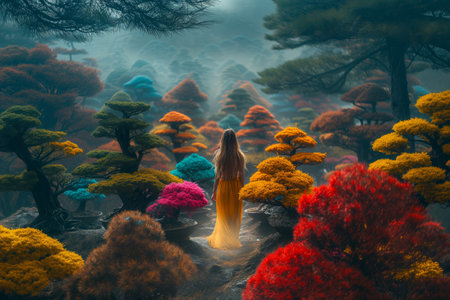 Woman in a yellow dress walks in a fantastical forest of colorful bonsai trees. 3d renderingの素材