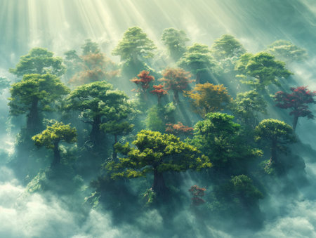 Fantasy landscape with misty forest of beautiful trees in the morning sun.の素材