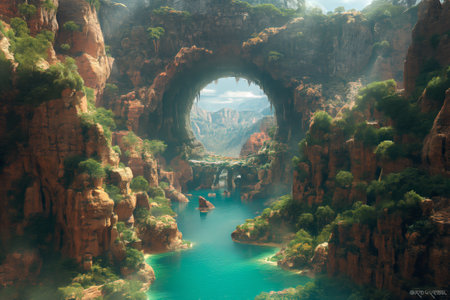 Fantasy mountain landscape with a lake and rocks in the form of an arch.の素材