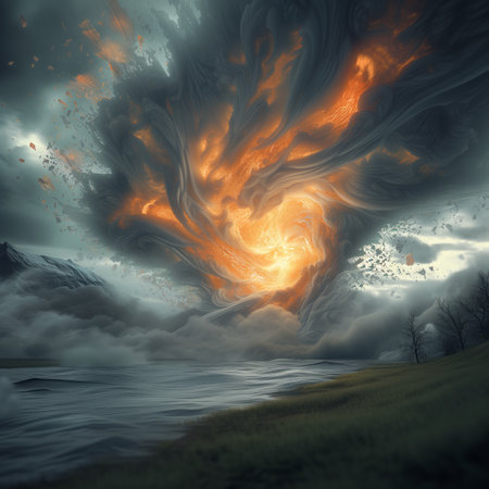 Fantasy landscape with fiery tornado and stormy sky. 3d renderの素材