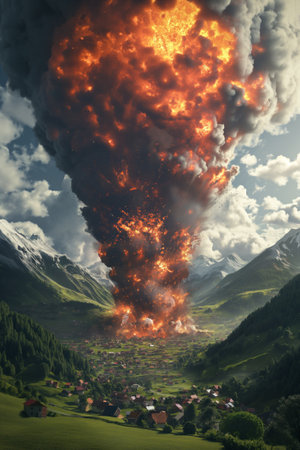 Huge fiery explosion in the mountains. 3D rendering and illustrationの素材