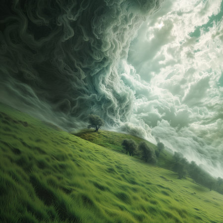 Fantasy landscape with lonely tree on hillside and surreal stormy skyの素材