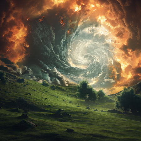 Fantasy landscape with surreal stormy sky and fiery clouds. 3d illustrationの素材