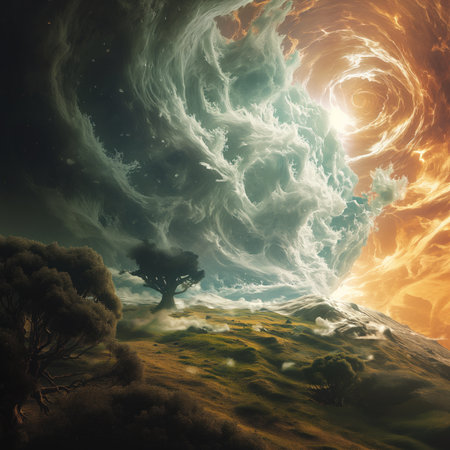 Fantasy landscape with surreal stormy sky with fiery cloudscape. 3d illustrationの素材