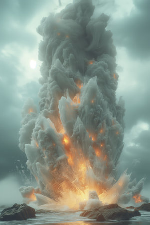 Volcanic eruption with ash and smoke. 3D illustration.の素材