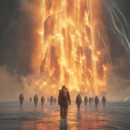 Group of explorers walking toward giant fiery eruption from the frozen sea.の素材