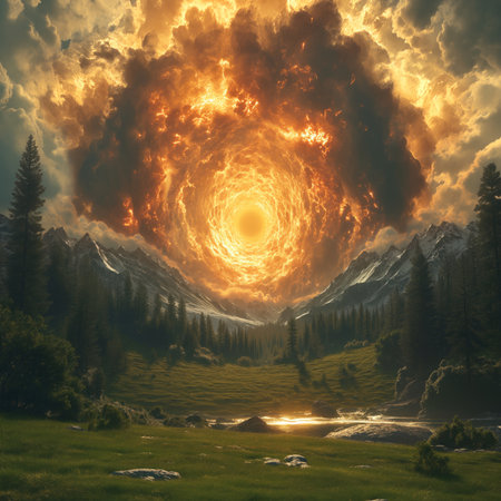 Fantastic sunset over the mountains. Dramatic scene. 3d renderの素材