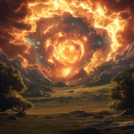 Fantasy scene with fiery vortex in the sky over beautiful landscape. 3d illustrationの素材