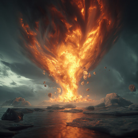 3D illustration of a huge lava explosion in the sea.の素材