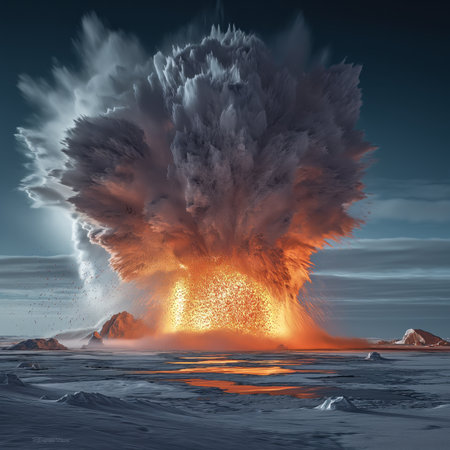 Volcanic eruption in the winter. 3D illustration.の素材